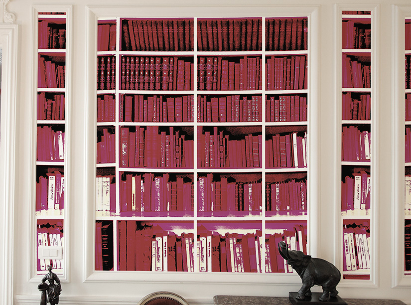 Papier peint Trompe l'oeil BIBLIOTHEQUE Fushia